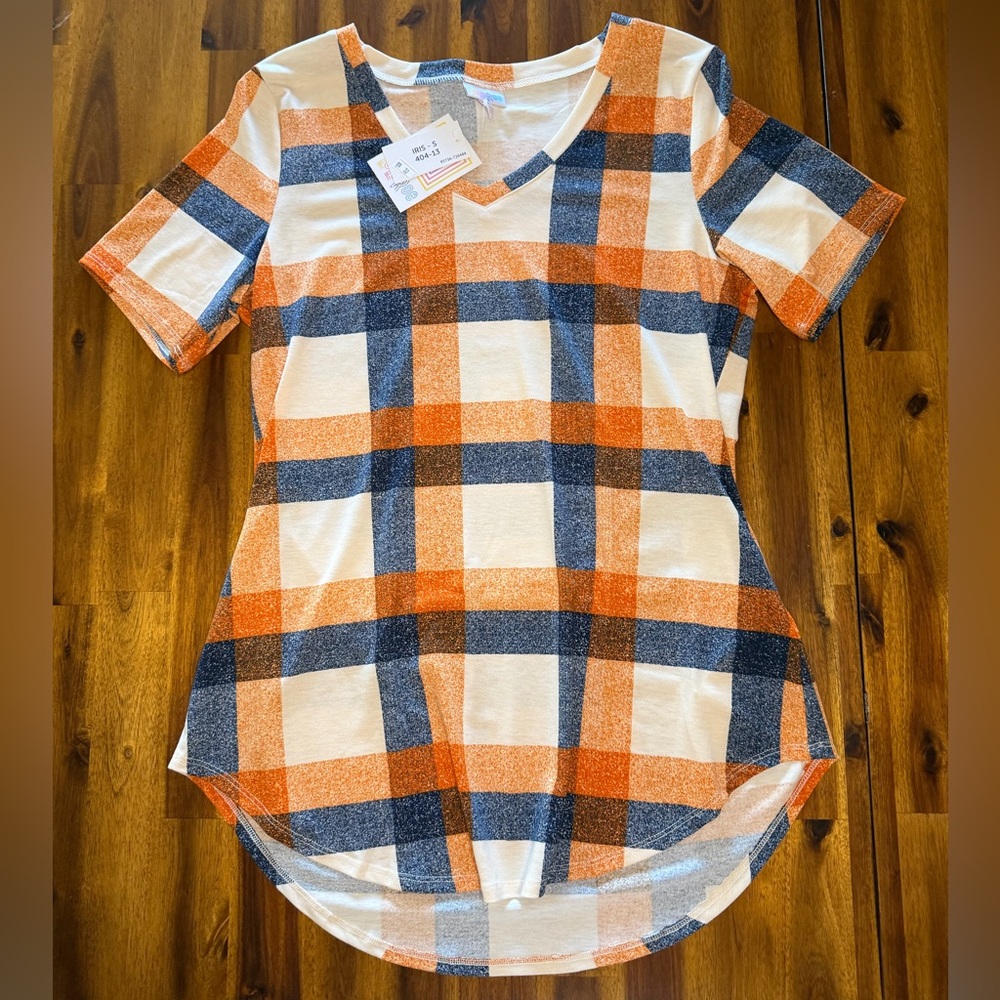 NWT LuLaRoe Iris Orange and Blue Plaid Checkered V-Neck Short Sleeve Shirt Top